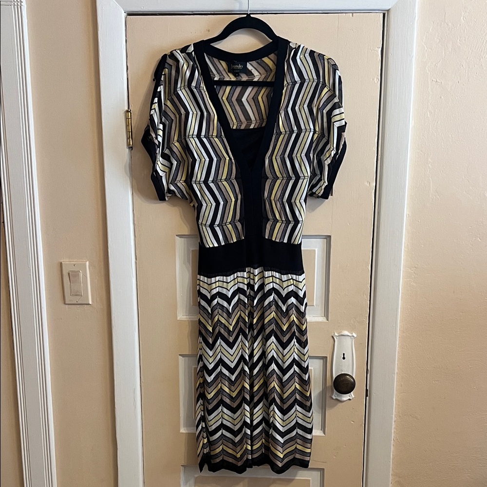Laundry Metallic Chevron Knit Dress in Black, Cream & Gold